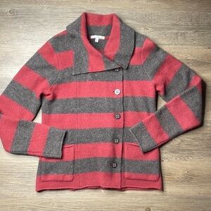 Horny Toad Women’s Brown and Red Striped Wool Blend Button down Sweater sz M